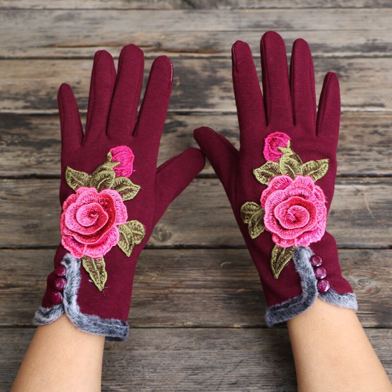 Punk Cotton Driving Fingerless Gloves For Women Gloves Winter Touch Screen Flowers Embroidery Gloves Autumn Winter: Red Type1