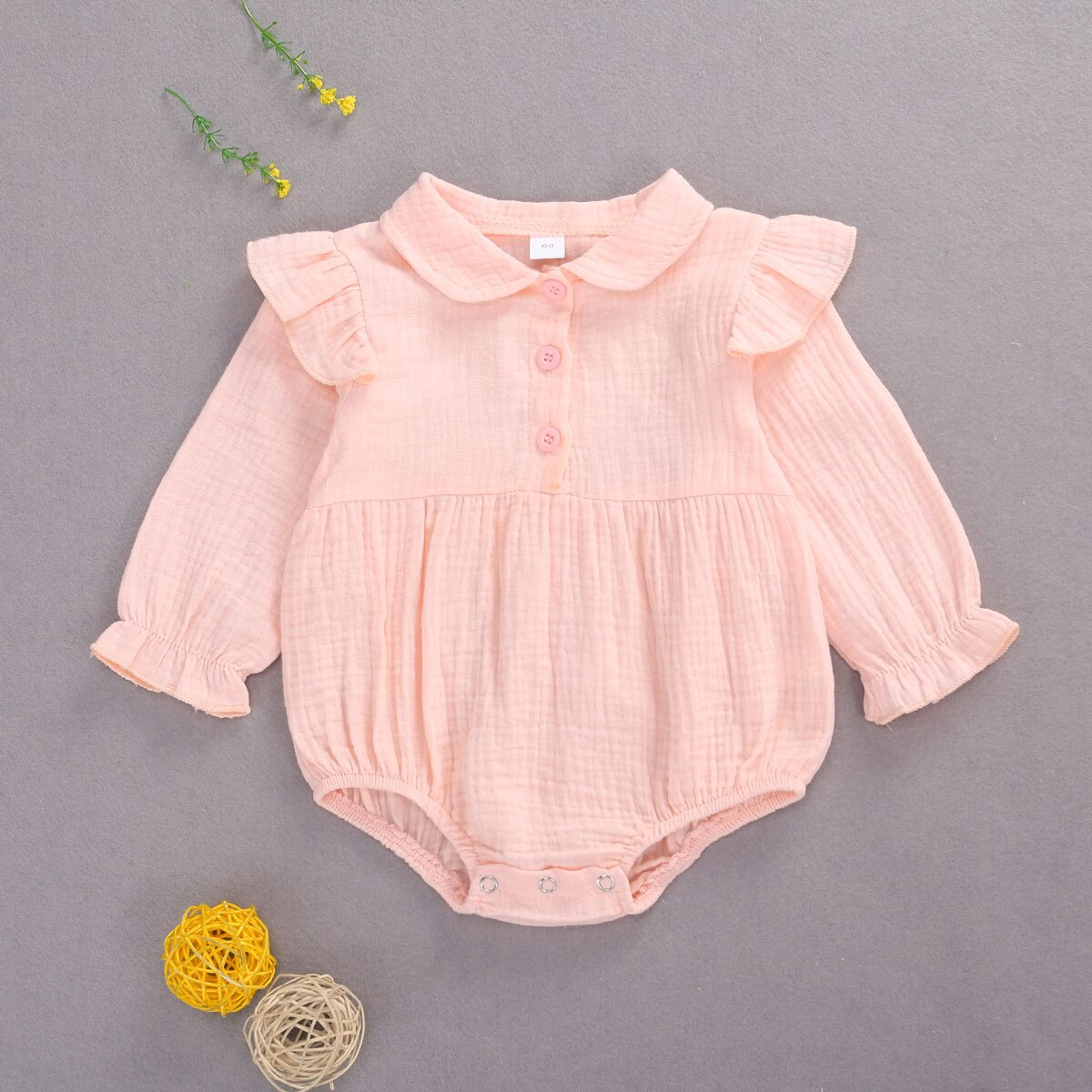 Baby Girls Boys Solid Romper Long Ruffles Sleeve Doll Collar Triangle Crotch Princess Infant Linen Cloth for Toddler 0-2 Years