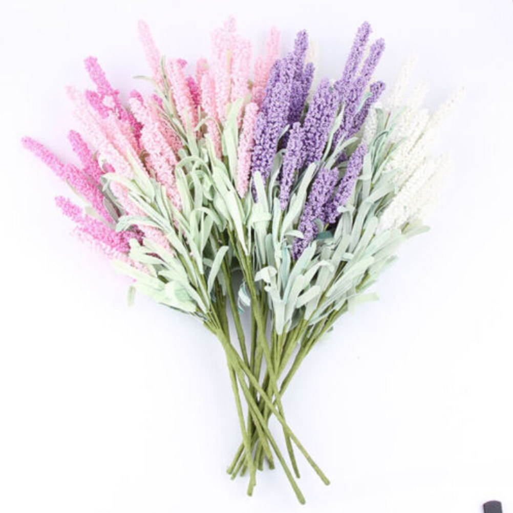 12 hoveder / buket romantisk provence kunstig blomst lilla lavendelbuket med grønne blade til dekorationer til hjemmefest