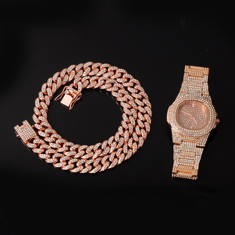 13 MILLIMETRI 3pz di Rosa Collana in Oro + Orologio + Del Braccialetto anca salto miami frenare Catena Cubana ghiacciato fuori Pavimentato strass CZ Bling per Gli Uomini Dei Monili