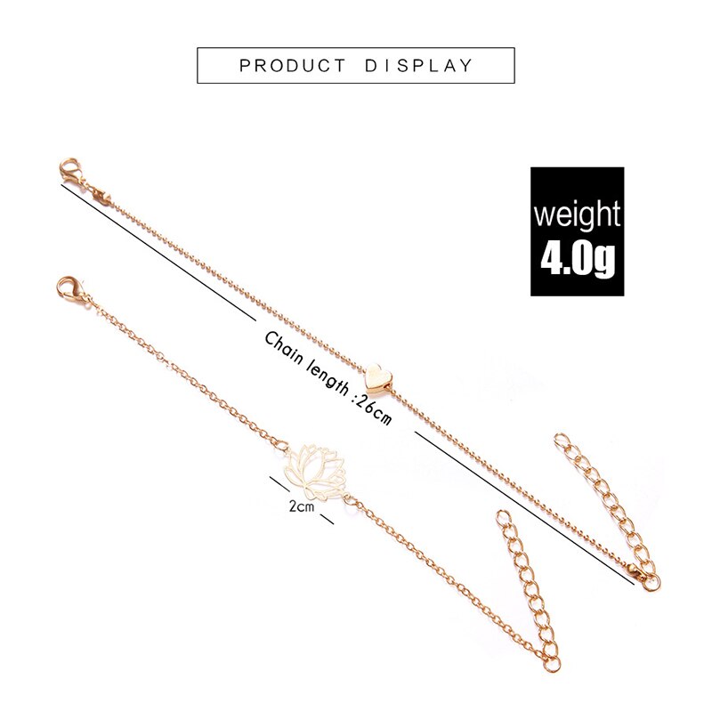 2 unids/set Simple ahueca hacia fuera Lotus pulseras encantadoras mujeres de oro en forma de corazón pulsera de cadena romántico de joyas de