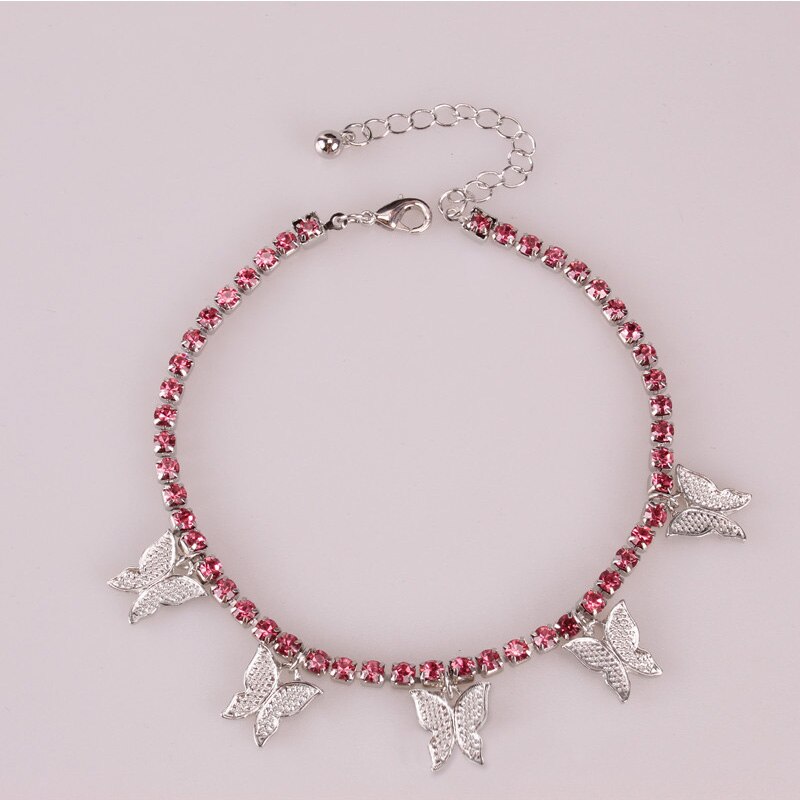Tobillera de tenis con mariposa y cadena de oro, joyería con diamantes de imitación para mujer, colgante de mariposa y cristal, pulsera para el pie, joyería para mujer: Pink Silver