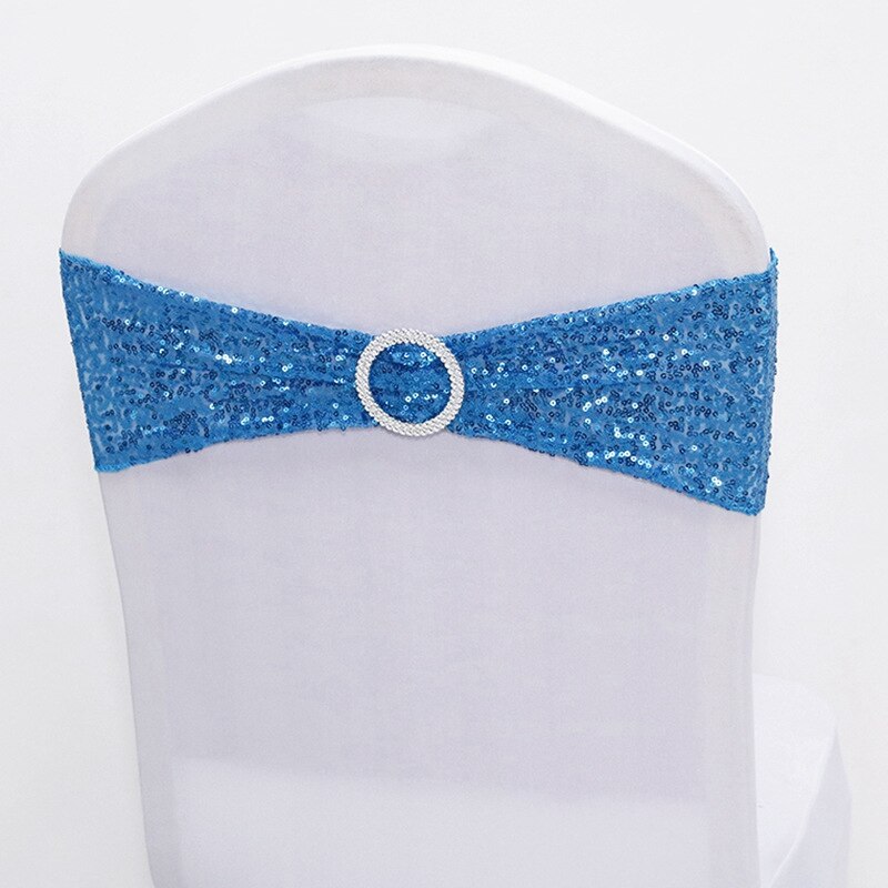 Sequin Chair Bands Stretch Spandex Chair Sash Band with Round Buckle for Wedding Events Banquet Decoration Party Supply: Blue Chair Band