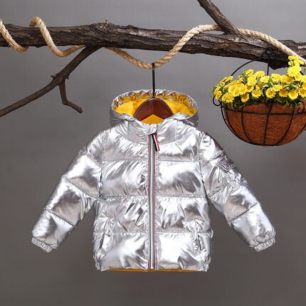 Boys coats winter jacket kids down cotton coat Waterproof snowsuit pink Gold silver jacket Hooded parka girls down coats: Silver / 4T