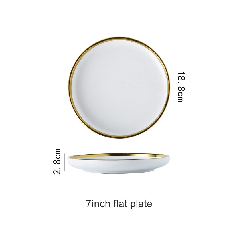 Juego de vajilla de porcelana con borde dorado, plato de cerámica para pastel, comida, ensalada, sopa, tazón, vajilla para restaurante: 7inch flat plate
