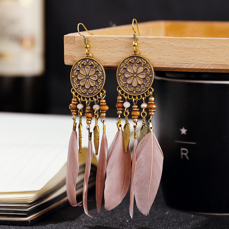 Pendientes bohemios largos de plumas colgantes para Mujer, Pendientes largos de playa con borlas, Pendientes esmaltados de flores hechos a mano, Pendientes de boda para novia para Mujer