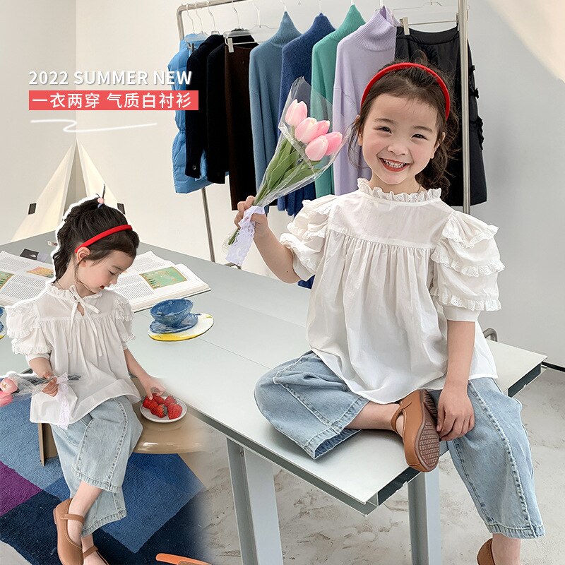 Blusas de cuello alto de encaje para niñas de 1 a 8 años, Tops informales de algodón con manga abombada, color blanco, Verano