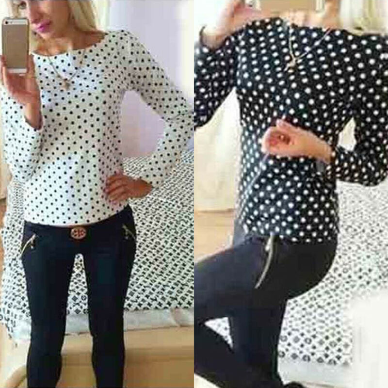 Women Spring Summer Tops Long Sleeve Polka Dot Chiffon Blouse Casual Shirts