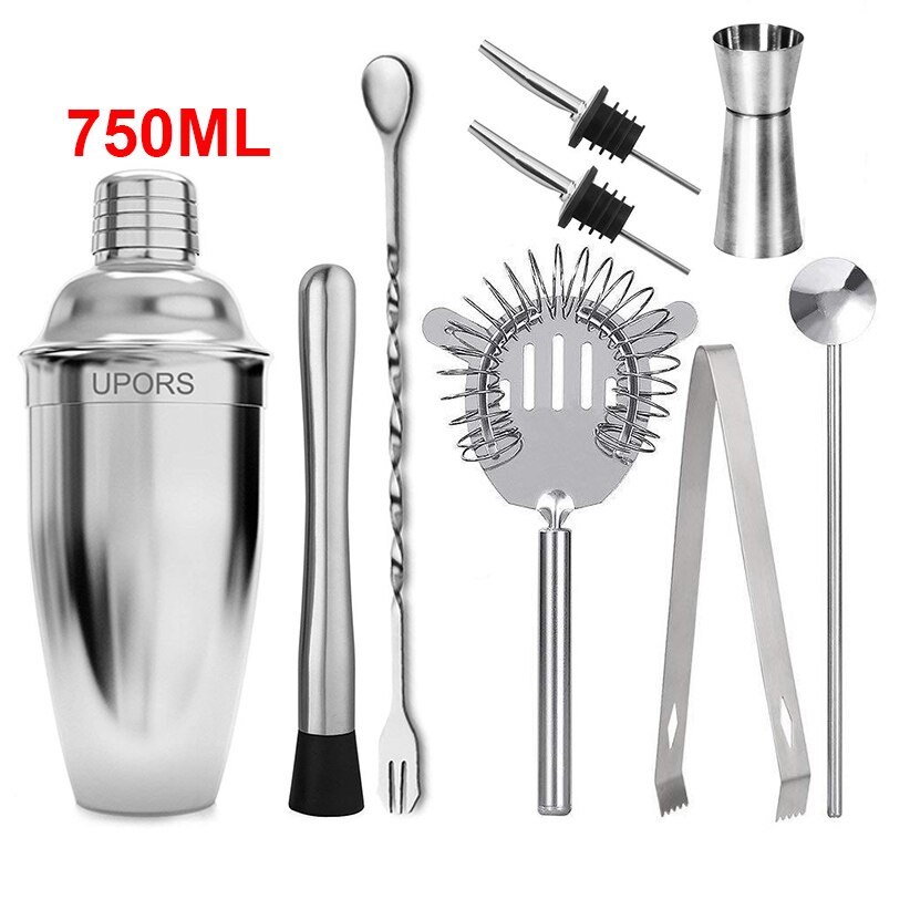 Stainless Steel Cocktail Set 550ml/750ml Cocktail Shaker Set with Muddler Jigger Bar Spoon Ice Tong Bartender Kit Bar Set: 750ML-9PCS
