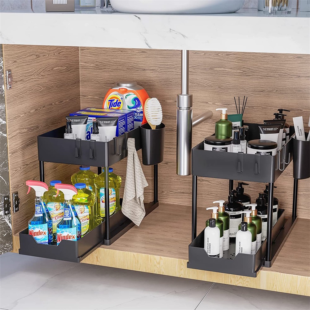 Küche unter der Spüle, Organizer, Aufbewahrungsregal, 2-stufiger Shampoo-Reinigungsmittelschrank, Gewürzregal, Badezimmer-Kosmetik-Aufbewahrung