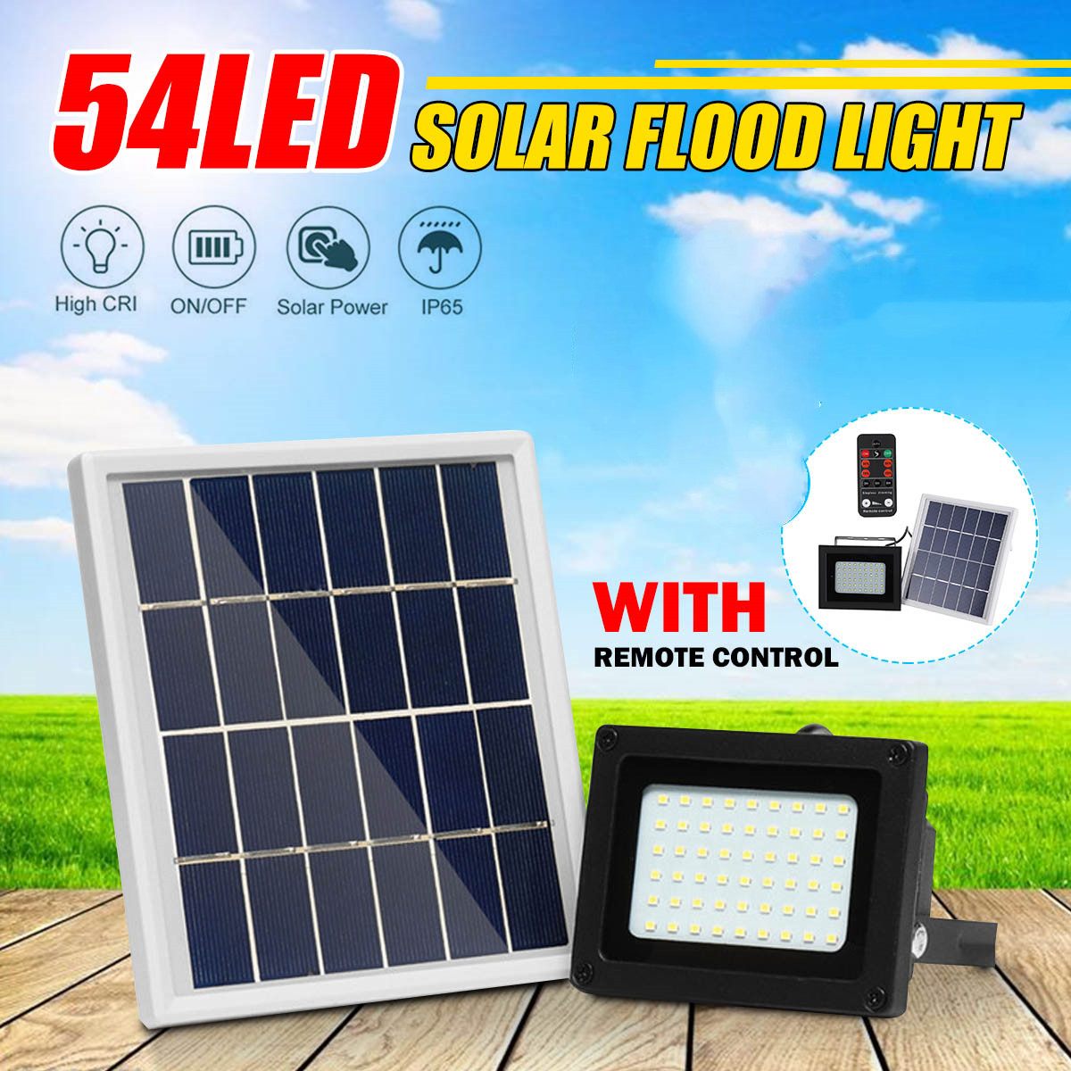 54LED Solar Floodlight Light Control Remote Control Waterproof IP65 Outdoor Lighting for Wall Road Solar Lamps Spotlight
