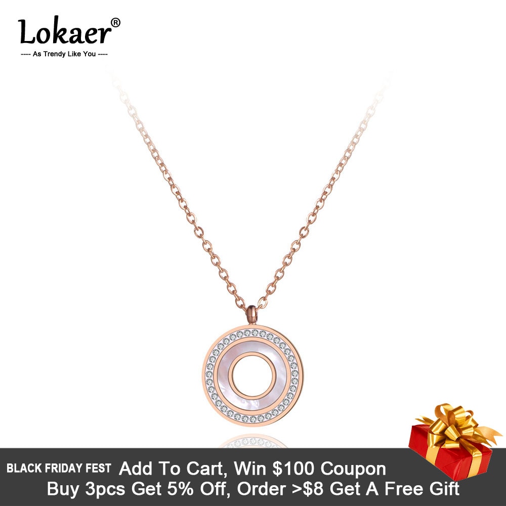 Lokaer Titanium Steel Shell Circle Charm Pendant Necklaces Jewelry Rose Gold CZ Crystal Choker Wedding Necklace For Women N19092