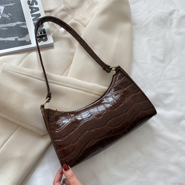 Bolso Retro con patrón de cocodrilo para mujer, bolsa de hombro a la de cuero PU para axila, bolso Francés de de lujo, monedero para mujer: style1 deep brown