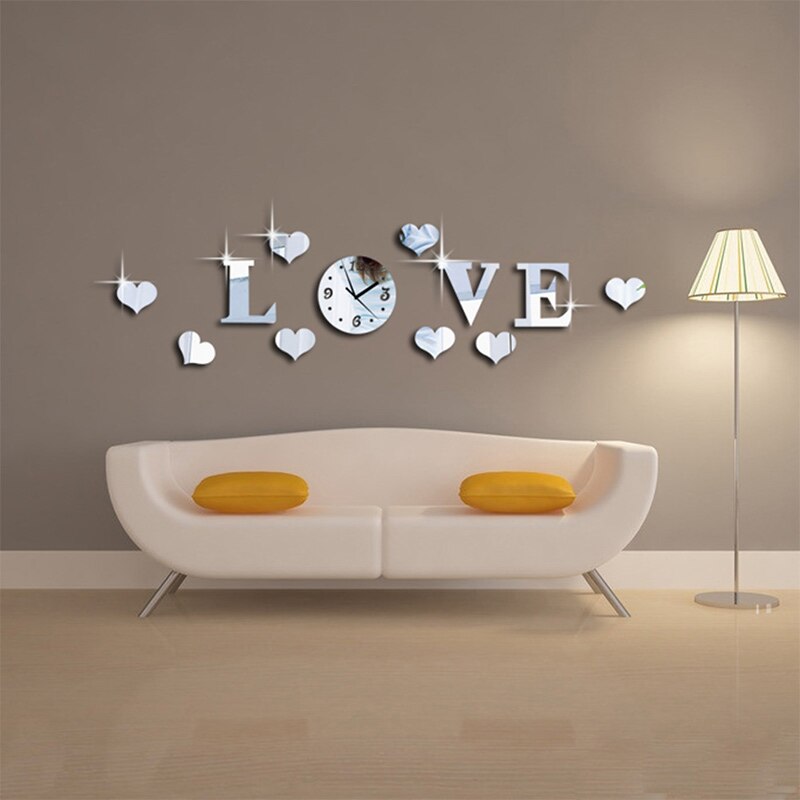 Mirror Effect Decal Clock Acrylic Glass Decor Home DIY Romantic Floor Clock 3D LOVE Wall Clock Stiker Stickers Silver Living