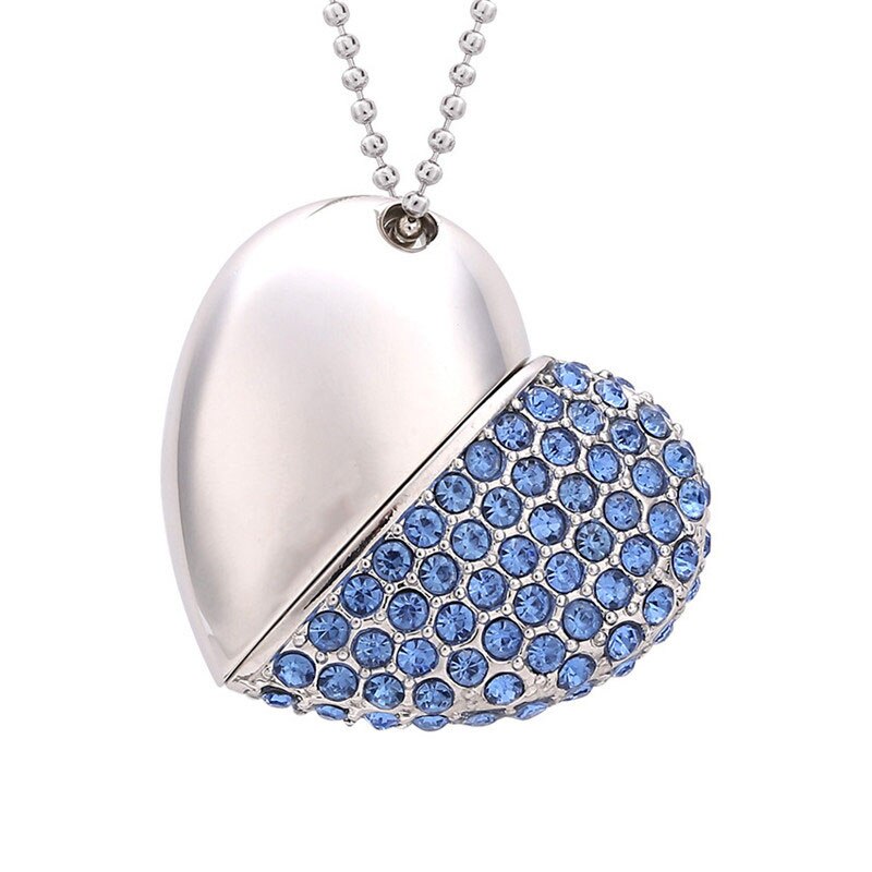 POWERONE cristal diamant coeur avec chaîne pendentif clé USB clé USB 64GB 16gb 32GB USB 2.0 collier mémoire bâton: 64 GO / Blue