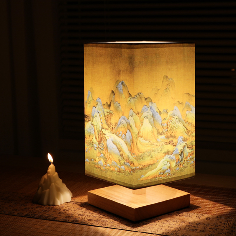 Lampe de Table en bois de Style chinois Vintage, peinture de paysage rétro, lampe de bureau pour décoration de chambre, personnalité à côté de la lampe: Beige / Rouge
