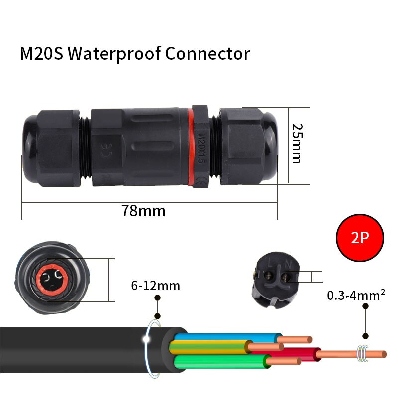 IP68 Waterproof Connector 2/3/4/5 Pin Electrical Terminal Adapter Wire Connector Screw Pin connector LEDLight Outdoor Connection: M20S-2p