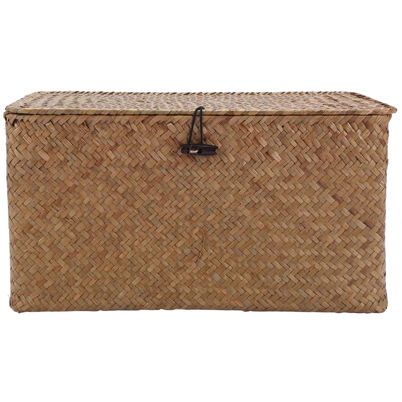 Handmade Straw Woven Storage Basket with Lid Makeup Organizer Storage Box Seagrass Laundry Baskets Rattan Jewelry Box