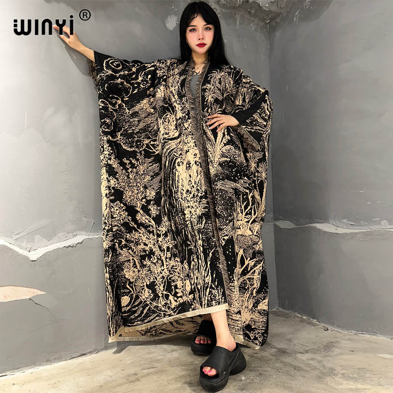 WINYI Winter print cloak poncho Luxury Long Loose OverCoat Thick Warm Female long down coat for women abrigo mujer