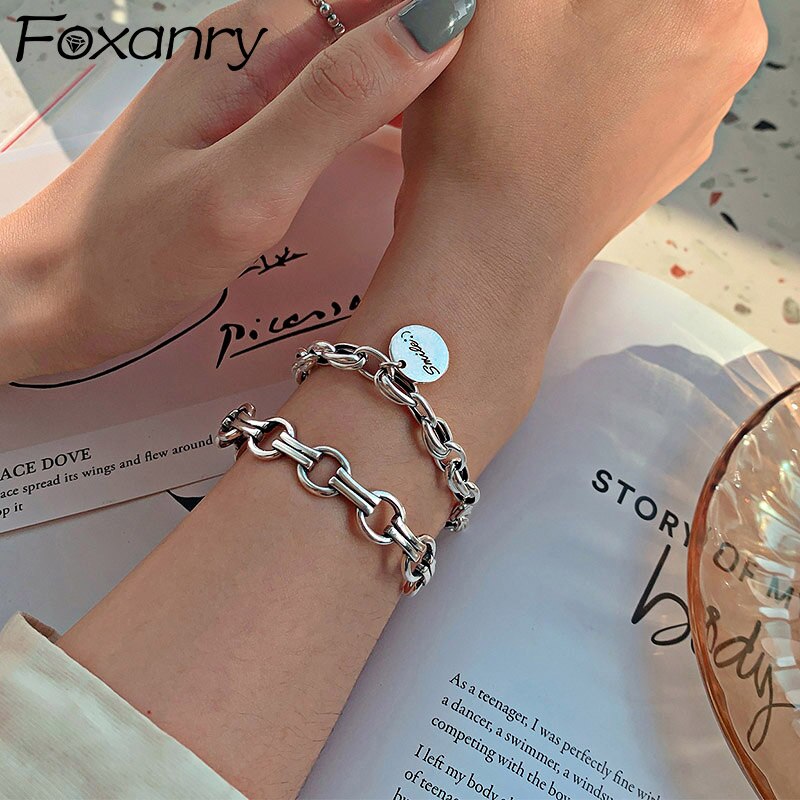 Foxanry 925 frimærke tykke kæde armringe & amp; armbånd forår trendy vintage punk kærlighed hjerte fest smykker