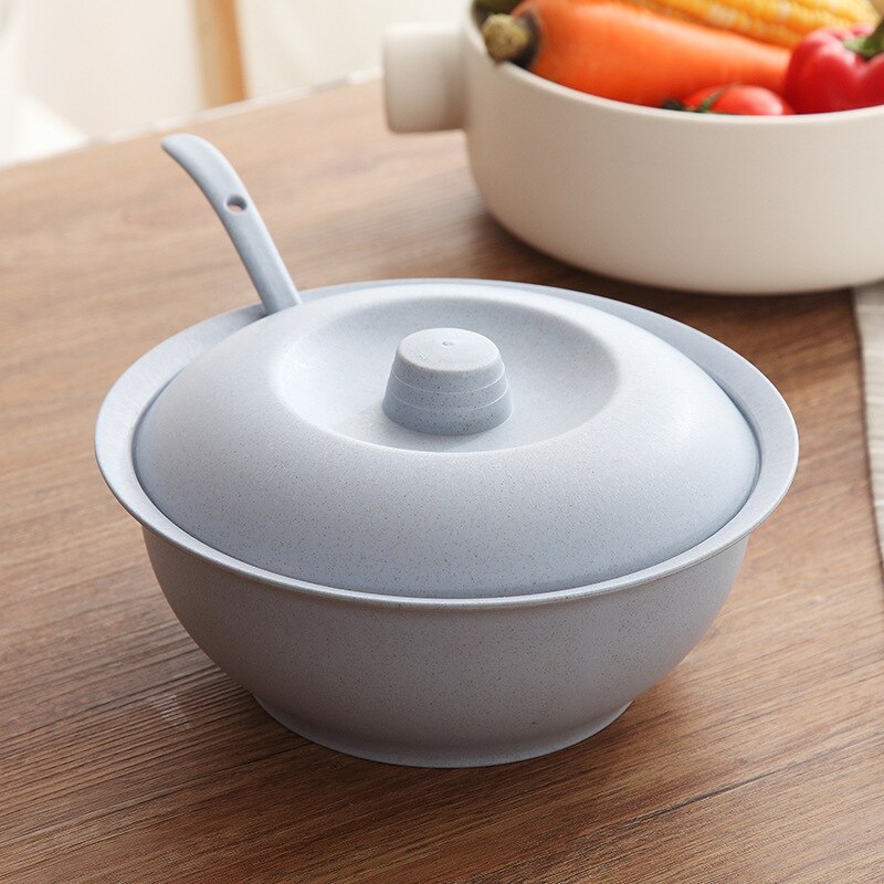 Wheat Straw Soup Bowl Set Household Anti-fall Big Soup Bowl with Lid + Spoon Soup Pot Set Household Kitchen Supplies: Blue