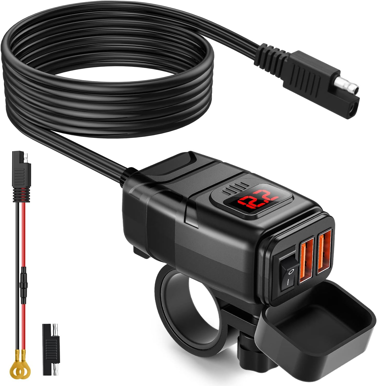 Extractme QC3.0 Motorcycle USB Charger 12V Waterproof Socket Handlebar Cell Quick Charger Adapter with Voltmeter Motor Accessory: black