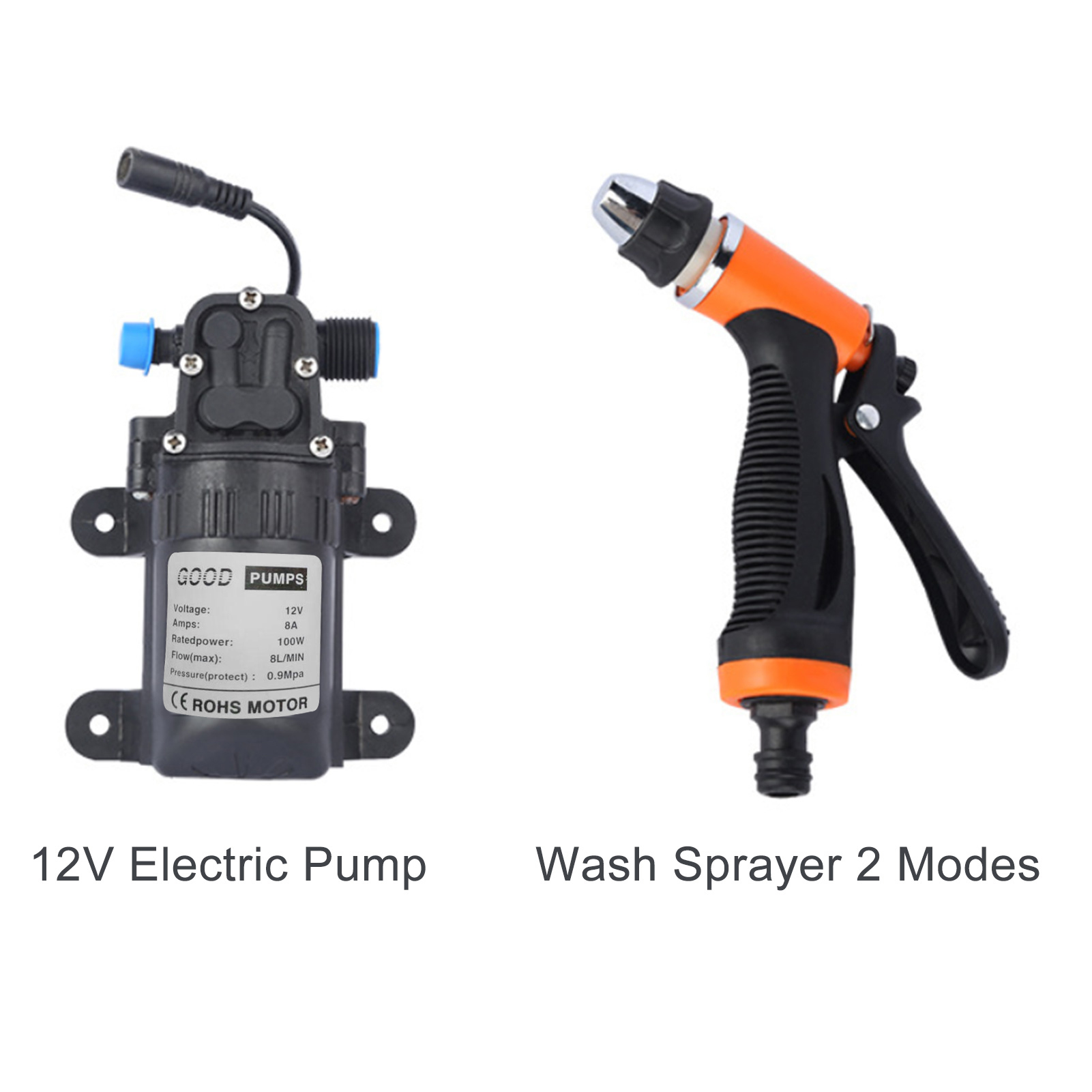 Højtryksvaskemaskine til bil, 12v elektriske pumper + vaskesprøjte, 2 tilstande + strømkabel + slanger