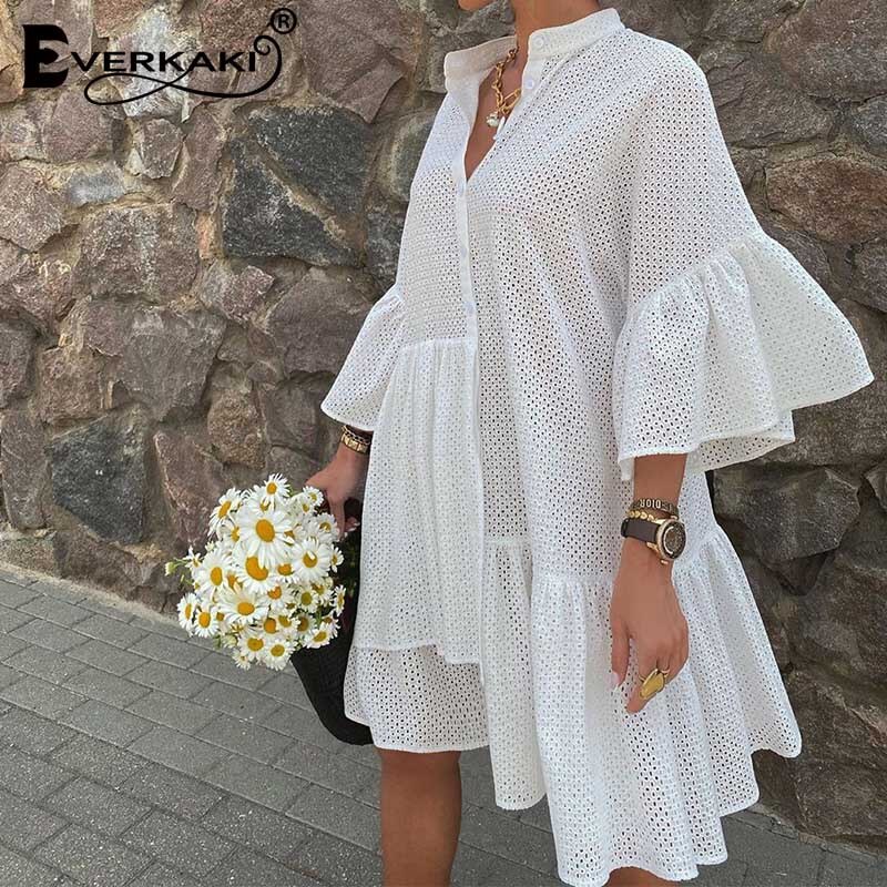 Everkaki lös miniklänning kvinnor sommar boho vestidos ihåliga volanger dam semester korta klänningar kvinnor: Vit / S