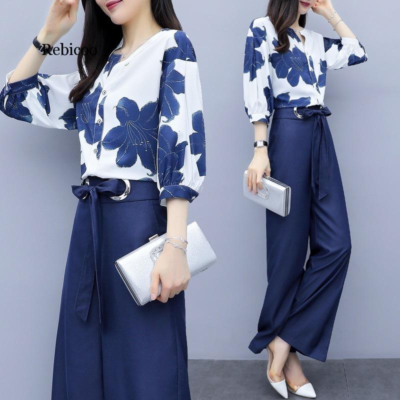 Primavera verão chiffon floral impressão de duas peças define mulheres blusas e calças largas perna ternos elegante moda escritório senhoras outfits: Azul marinho / XL