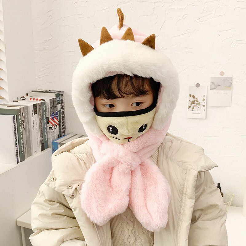 Kindersjaal een muts herfst winter koreaanse versie imitatie konijnenbont babymeisjes warme muts pluche dinosaurussenoren capuchonsjaal: Dinosaurus roze
