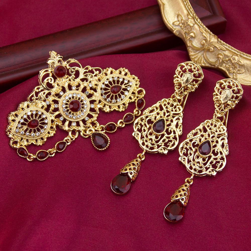 Sunspicems, joyería marroquí de Color dorado, caftán, broche, conjuntos de pendientes para mujer, bisutería étnica nupcial árabe para boda, joya para