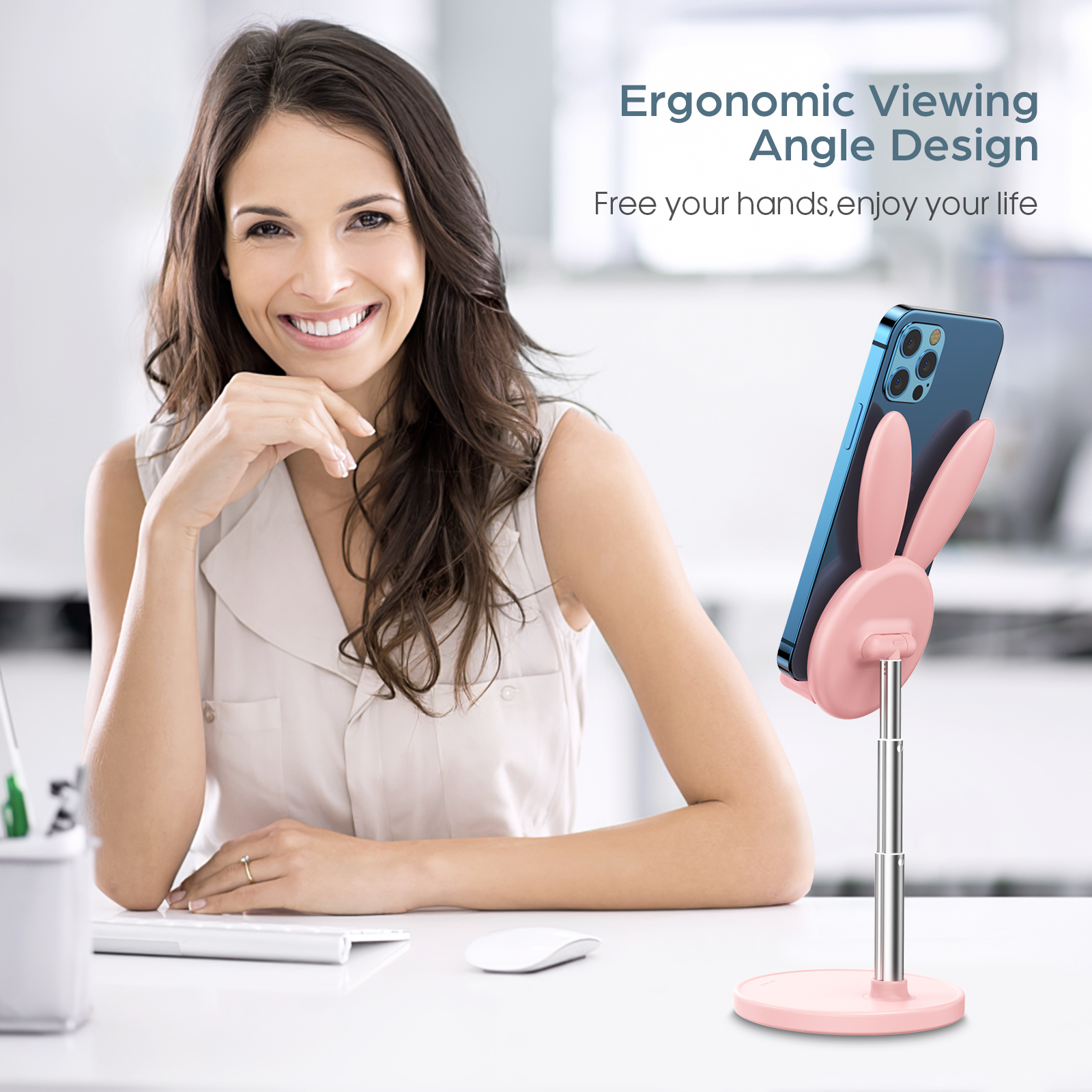 Oatsbasf Cute Cell Phone Stand for Desk, Angle Height Adjustable Bunny Phone Holder Stand, for All Mobile Phones, Tablets