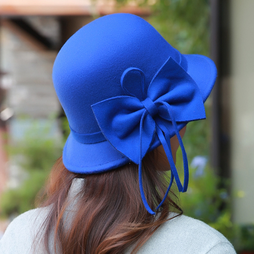 Herbst Winter Wolle Boater Flache Top Hut Für Frauen Filz Breiter Krempe Fedora Hut Jazz Kappe Klassischen Bowler Gambler top Hut: Sapphire bow