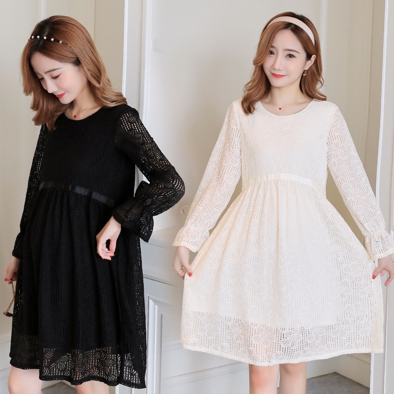 Long Sleeve Lace Maternity Dresses For Pregnant Women Clothes Spring Bottoming Hollowed Casual Solid Pregnancy Dresses