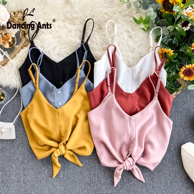 Kvinde street-wear sexet strop top v-hals rygløs crop top koreansk stil solid knap slanke korte tank tops