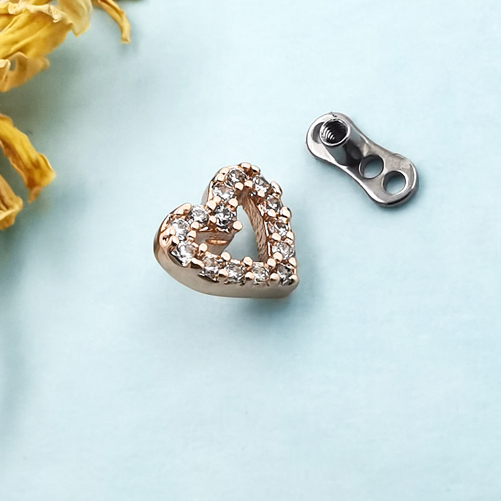 JHJT 1PC Heart Dermal Anchor Top with Titanium Base Micro Dermal Piercings CZ Skin Diver Surface Implants Sexy Jewelry