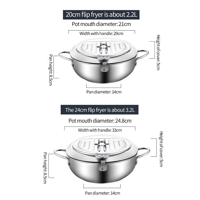 Deep Frying Pan Japanese Tempura Deep Fryer Stainless Steel Frying Pot with Lid &Thermometer Kitchen Non-stick Coating Fryer Pan