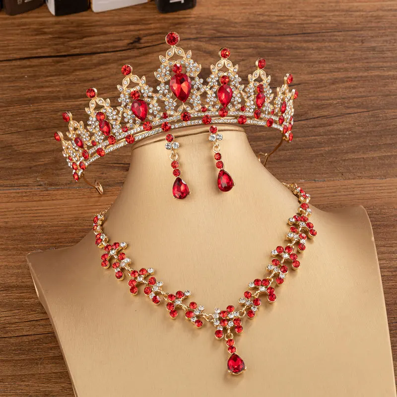 Baroque Vintage Green Crystal Heart Bridal Jewelry Sets Rhinestone Tiaras Crown Stud Earrings Necklace Wedding Dubai Jewelry Set: Rhodium Plated