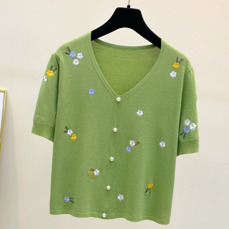 Suéter de algodão com gola v, camiseta feminina de verão, bordado, casual, tops plus size, roupas femininas, camisetas de malha, 2021