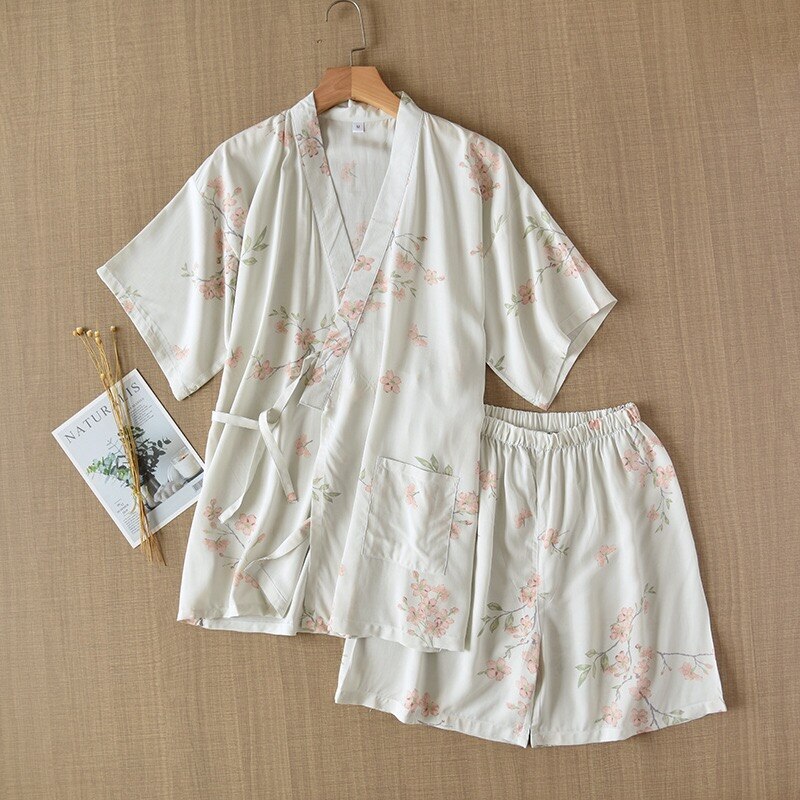 Zomer Japanse Stijl V-hals Pyjama Set Comfort Gaas Katoen Korte Mouw + Shorts 2 Stuks Homewear Vrouwen Zoete casual Wear: green plum blossom / L