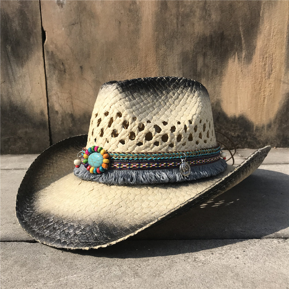 Sommer kvinder kvast hul western cowboyhat dame sombrero hombre hat fascinator solhætte solhat: Sort hed
