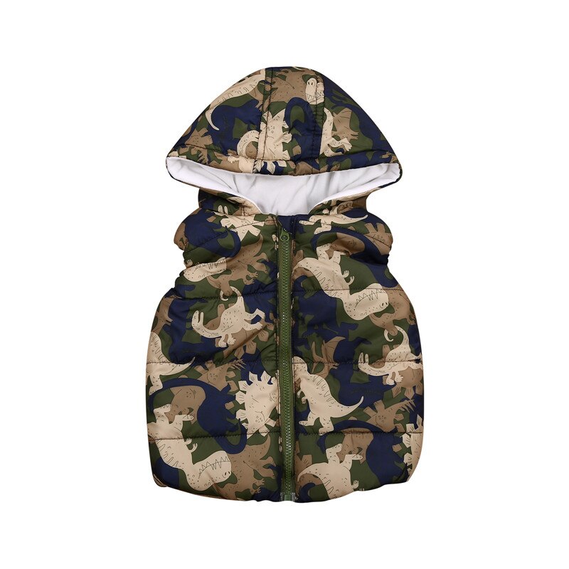 Kleine Jongen Buitenste Dragen Hooded Vest Herfst En Winter Warm Dinosaurus Gedrukt Rits Open Jacket