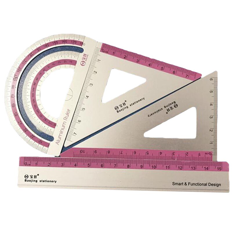 4pcs/set UV Aluminum Alloy Ruler Drawing Measurement Geometry Triangle Ruler Straightedge Protractor A Variety Of Rulers: Pink