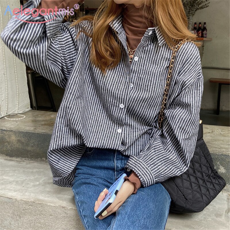 Aelegantmis Koreaanse Mode Vrouwen Casual Blauw Wit Gestreepte Blouse Shirts Vintage Eenvoudige Vrouwelijke Streep Shirts Eleagnt Classic
