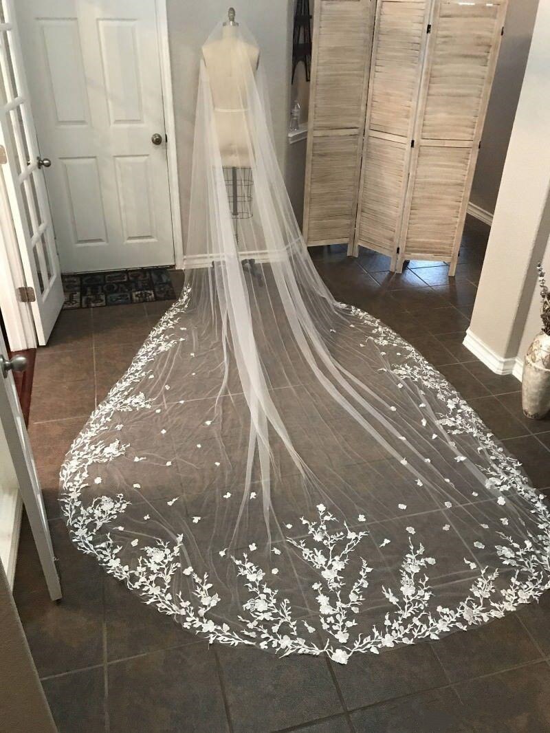 Long Bridal Veils Cathedral Wedding Veil Lace Flowers Appliqued Edge Luxurious Wedding Veils White Ivory licras d mujer blanca