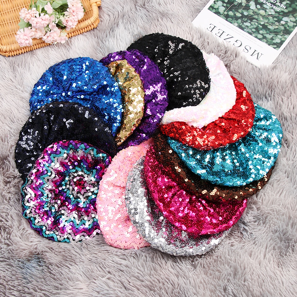 Kvinder pailletter hat skinnende kostume jazz glitter dans baret rund kasket dame tilbehør hue baret hat britisk stil