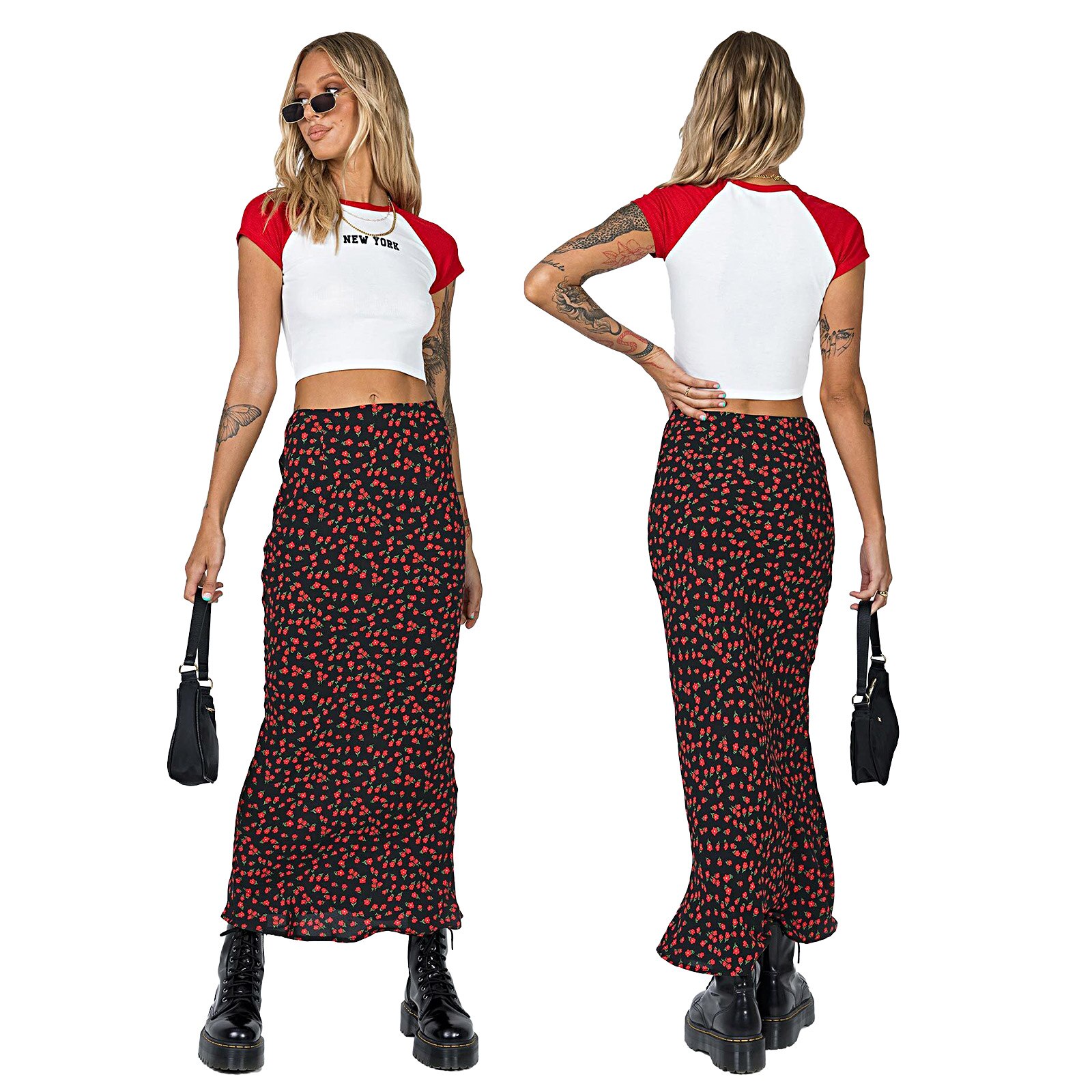 Vintage Women Maxi długa spódnica dla dorosłych z wysokim stanem Zebra-Stripe/kwiatowy nadruk niewidoczna spódnica z falbankami
