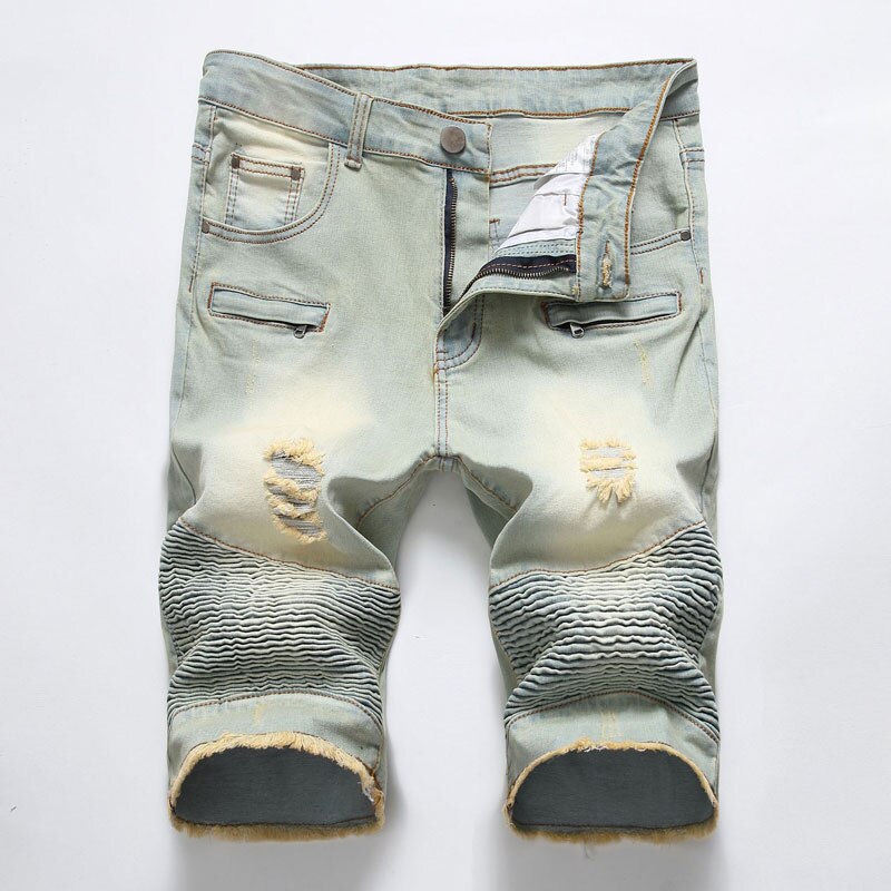 Men&#39;s Causual Biker Jean Shorts Brand Pleated Multi Pocket Denim Shorts Men Washed Cotton Slim Fit Retro Bermuda Jeans Masculina: 42
