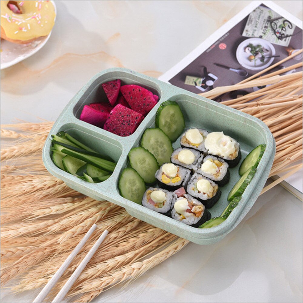 3 Grids Tarwe Magnetron Bento Draagbare Lunchbox Picknick Sushi Fruit Voedsel Container Opbergdozen Case Container Organizer # LR1