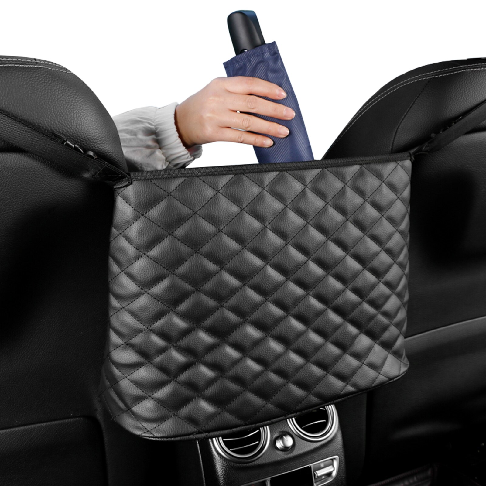 Car Hanging Bag Leather Pack Modern Shining Diamond Check Adjustable Buckle Back Seat Bag